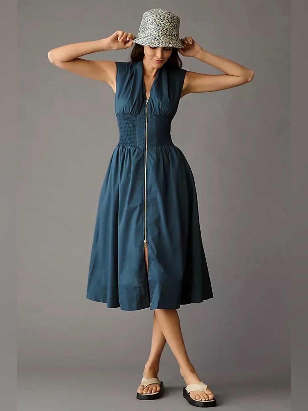 Anthropologie Tommie Zip Front Midi Dress Blue Size Small Cotton Cap Sleeve - Picture 1 of 8